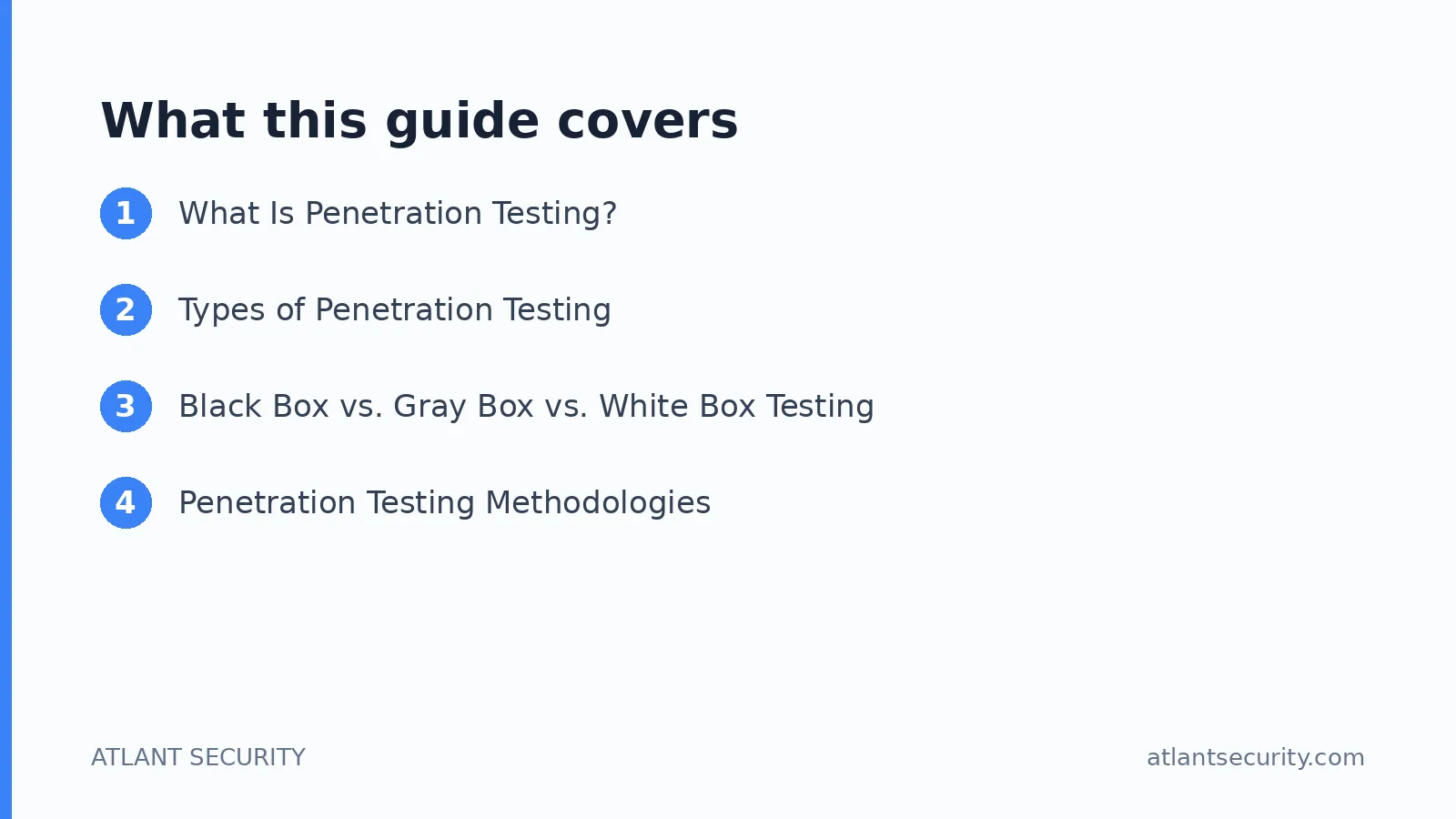 What this guide covers: What Is Penetration Testing?, Types of Penetration Testing, Black Box vs. Gray Box vs. White Box Testing