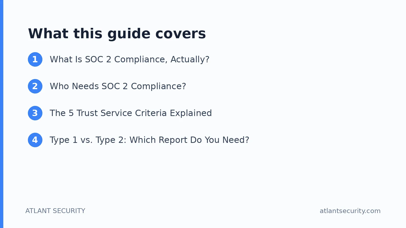 What this guide covers: What Is SOC 2 Compliance, Actually?, Who Needs SOC 2 Compliance?, The 5 Trust Service Criteria Explained
