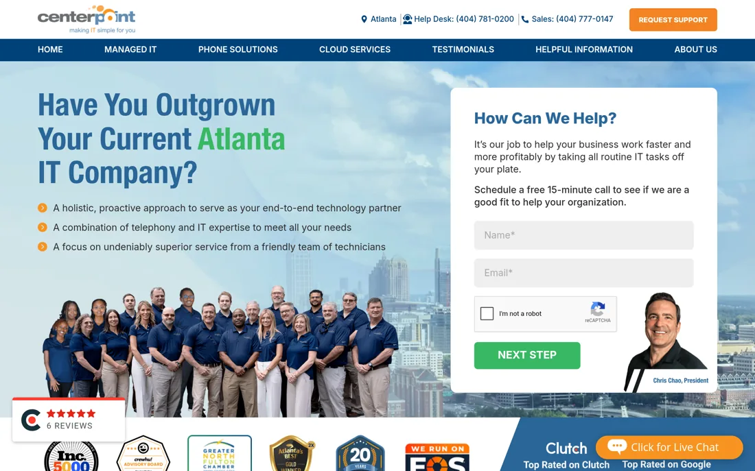 Centerpoint IT homepage, a cybersecurity provider serving Atlanta