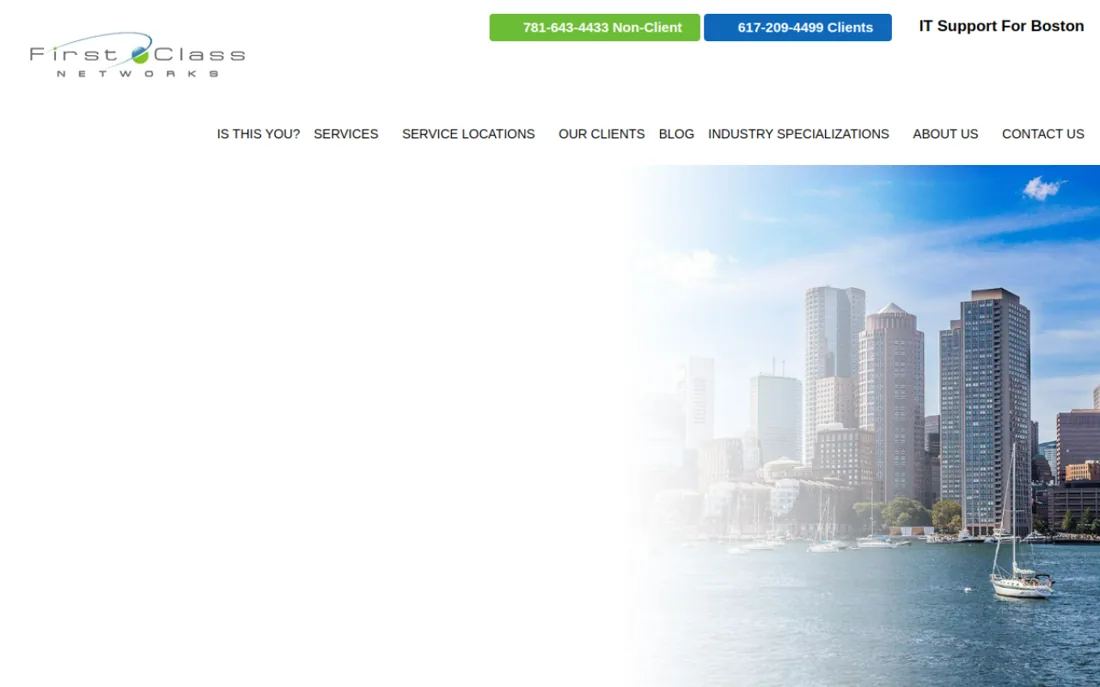 First Class Networks homepage, a cybersecurity provider serving Boston