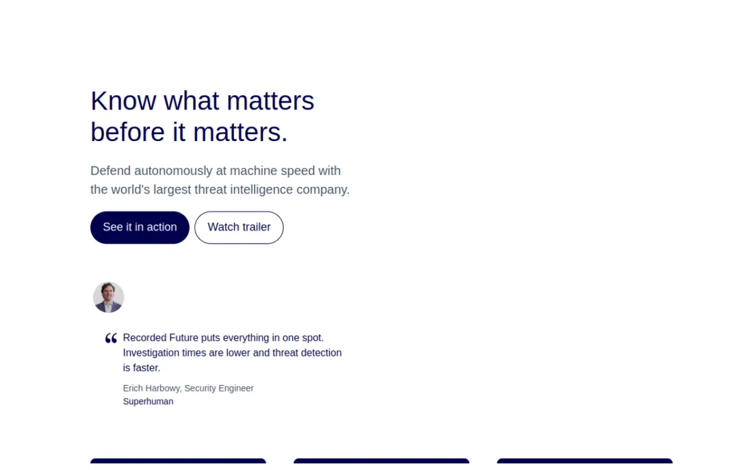 Recorded Future homepage, a cybersecurity provider serving Boston