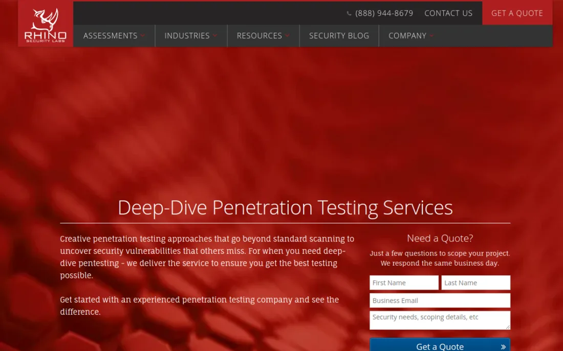 Rhino Security Labs homepage, a cybersecurity provider serving Seattle