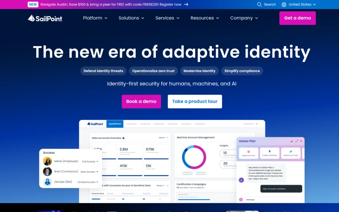 SailPoint homepage, a cybersecurity provider serving Austin