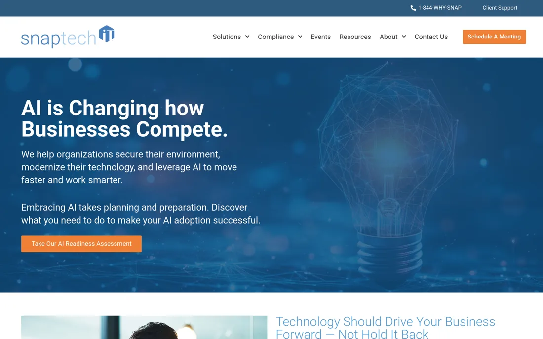 Snap Tech IT homepage, a cybersecurity provider serving Atlanta