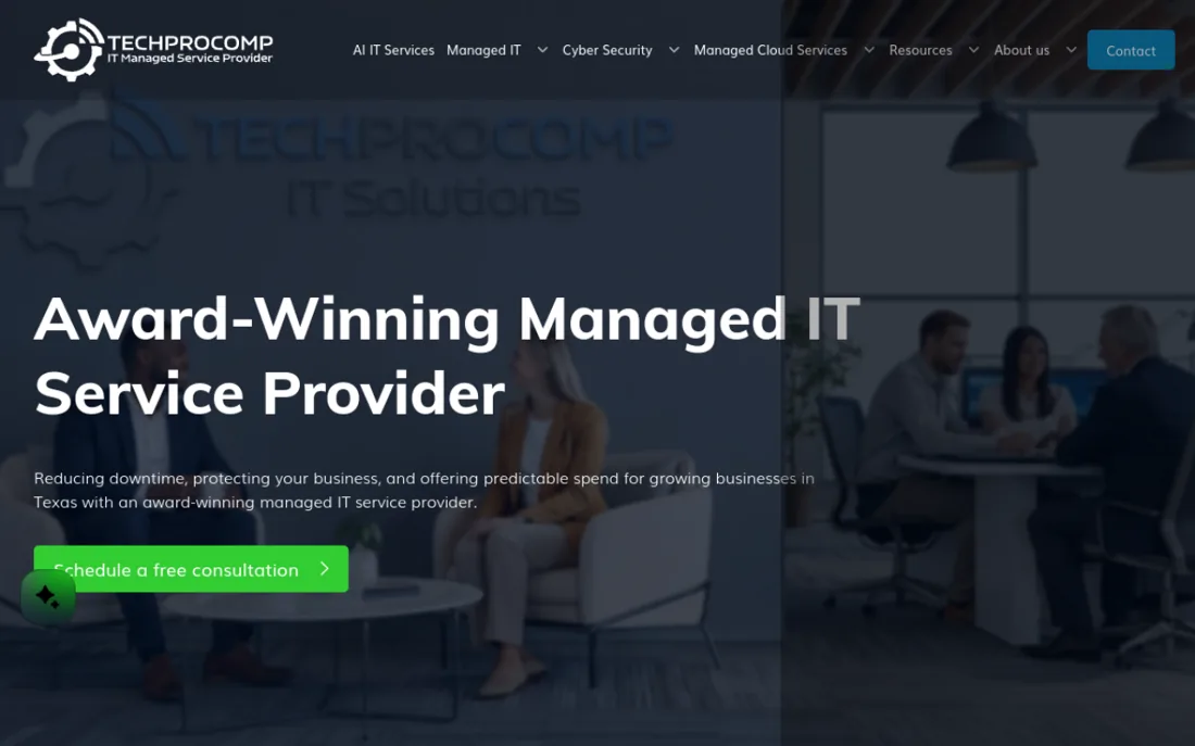 TechProComp homepage, a cybersecurity provider serving Austin