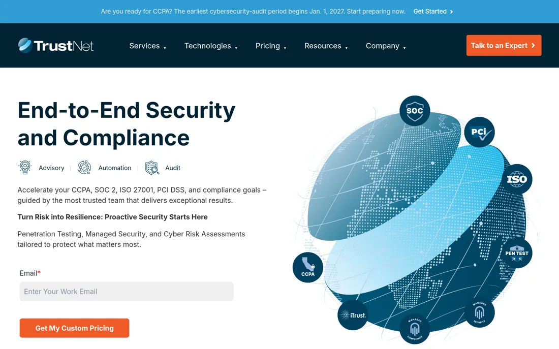 TrustNet homepage, a cybersecurity provider serving Atlanta