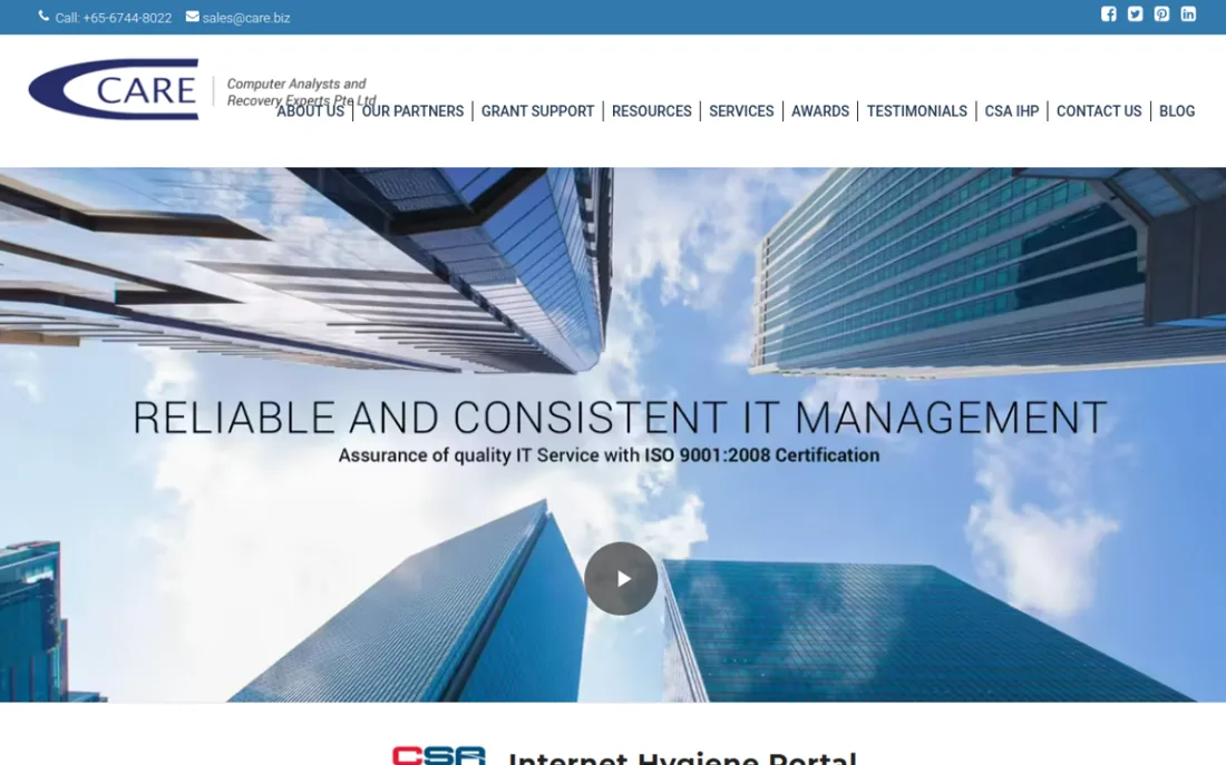 CARE (Computer Analysts and Recovery Experts) homepage, a cybersecurity provider serving Singapore