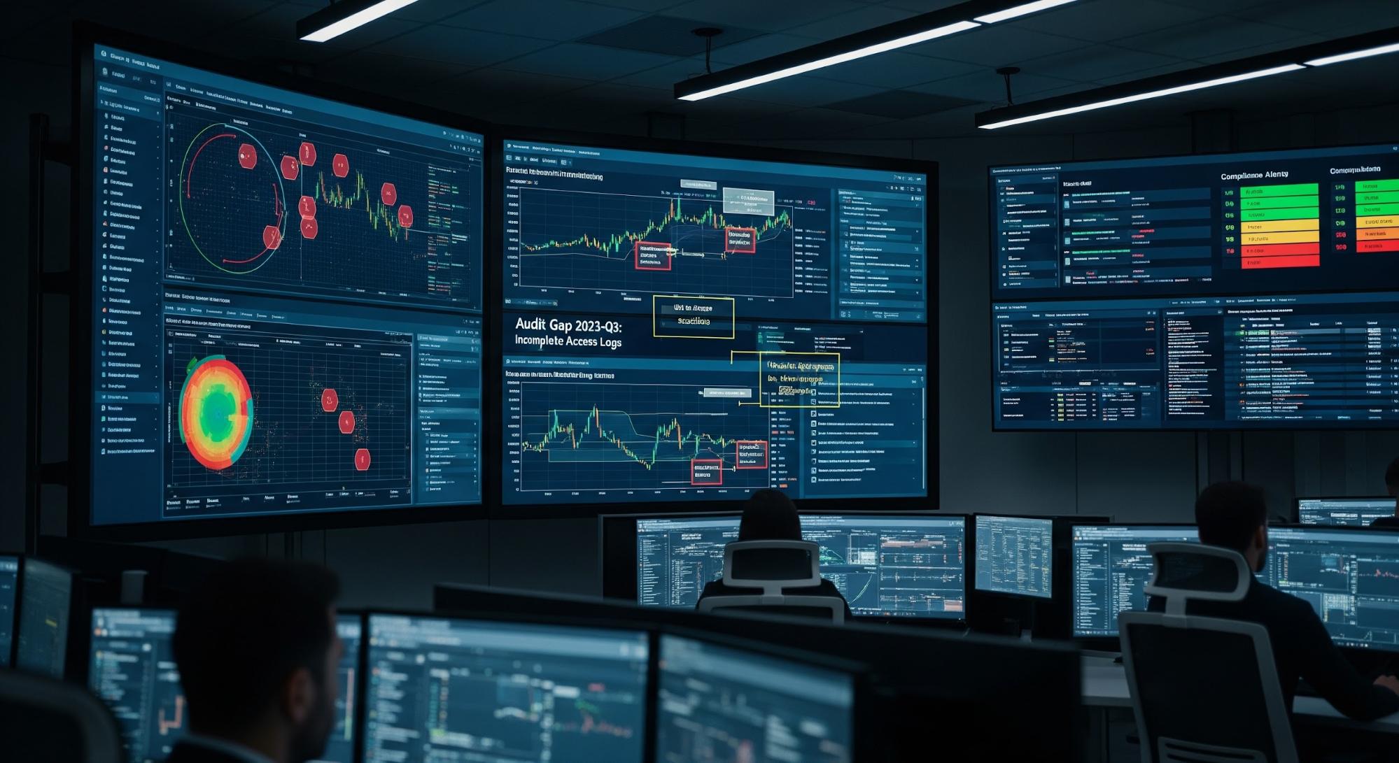 A photo of a security operations center displaying cybersecurity audit gaps and monitoring dashboards.