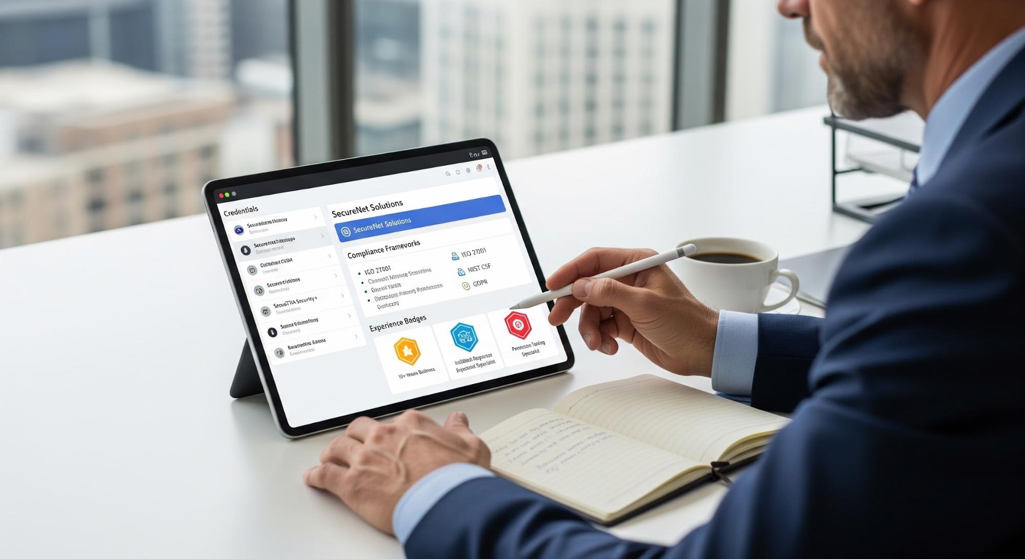 A photo of an executive reviewing compliance frameworks and security solutions on a tablet during a virtual CISO consultation.