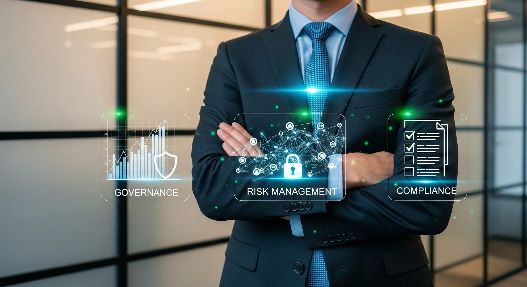 A photo of a consultant with digital icons representing governance, risk management, and compliance.