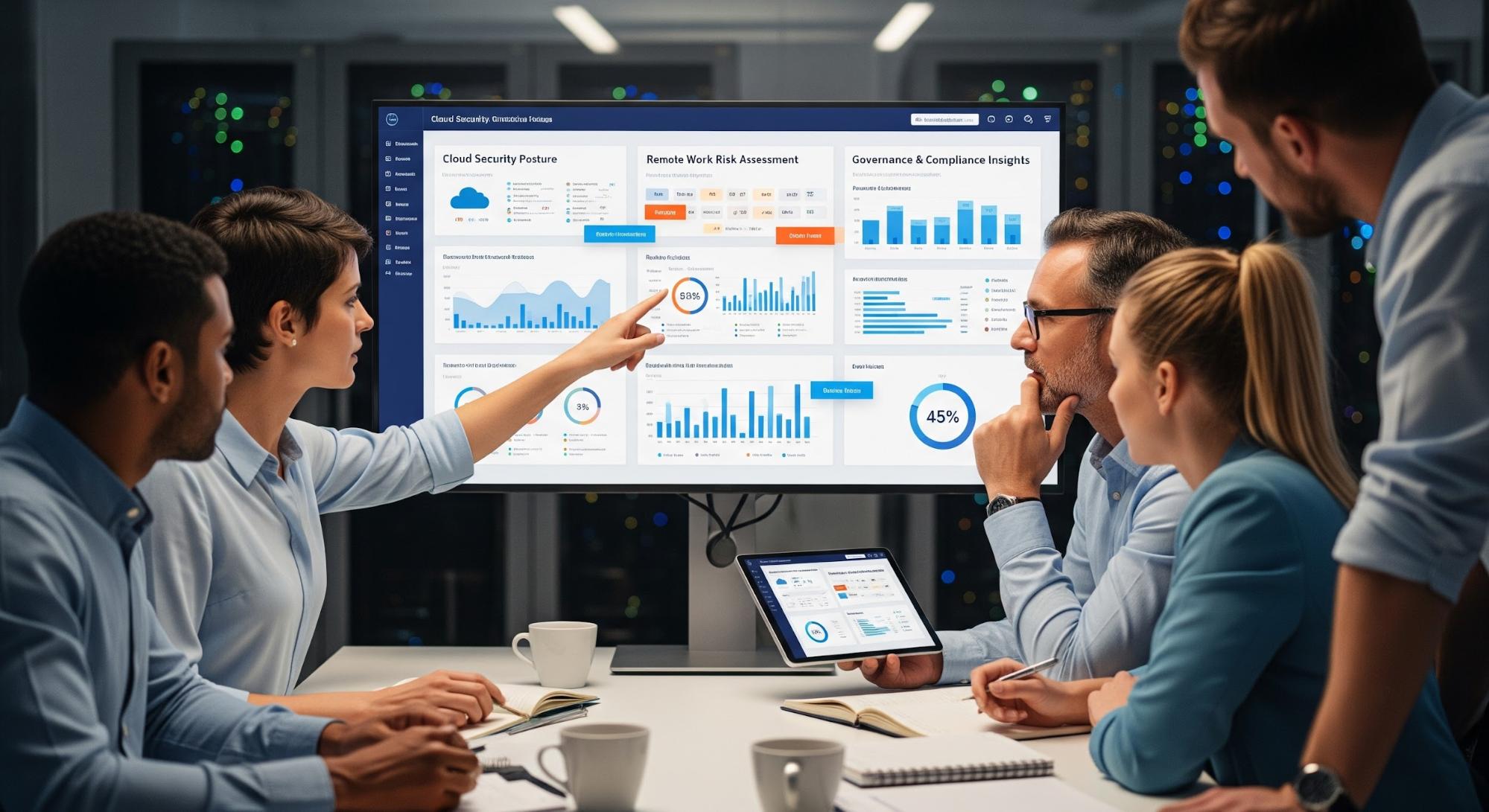 A photo of executives reviewing cybersecurity audit results and risk metrics during a security briefing.
