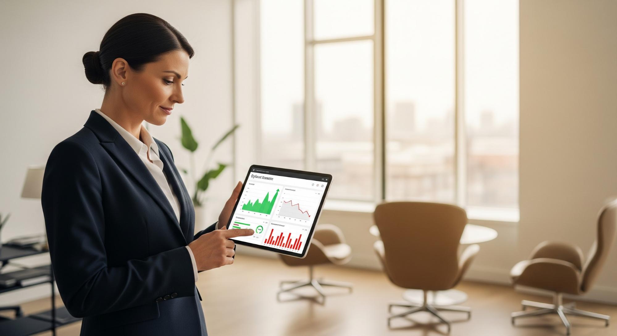 A photo of a business executive analyzing security performance metrics and risk data on a digital tablet.