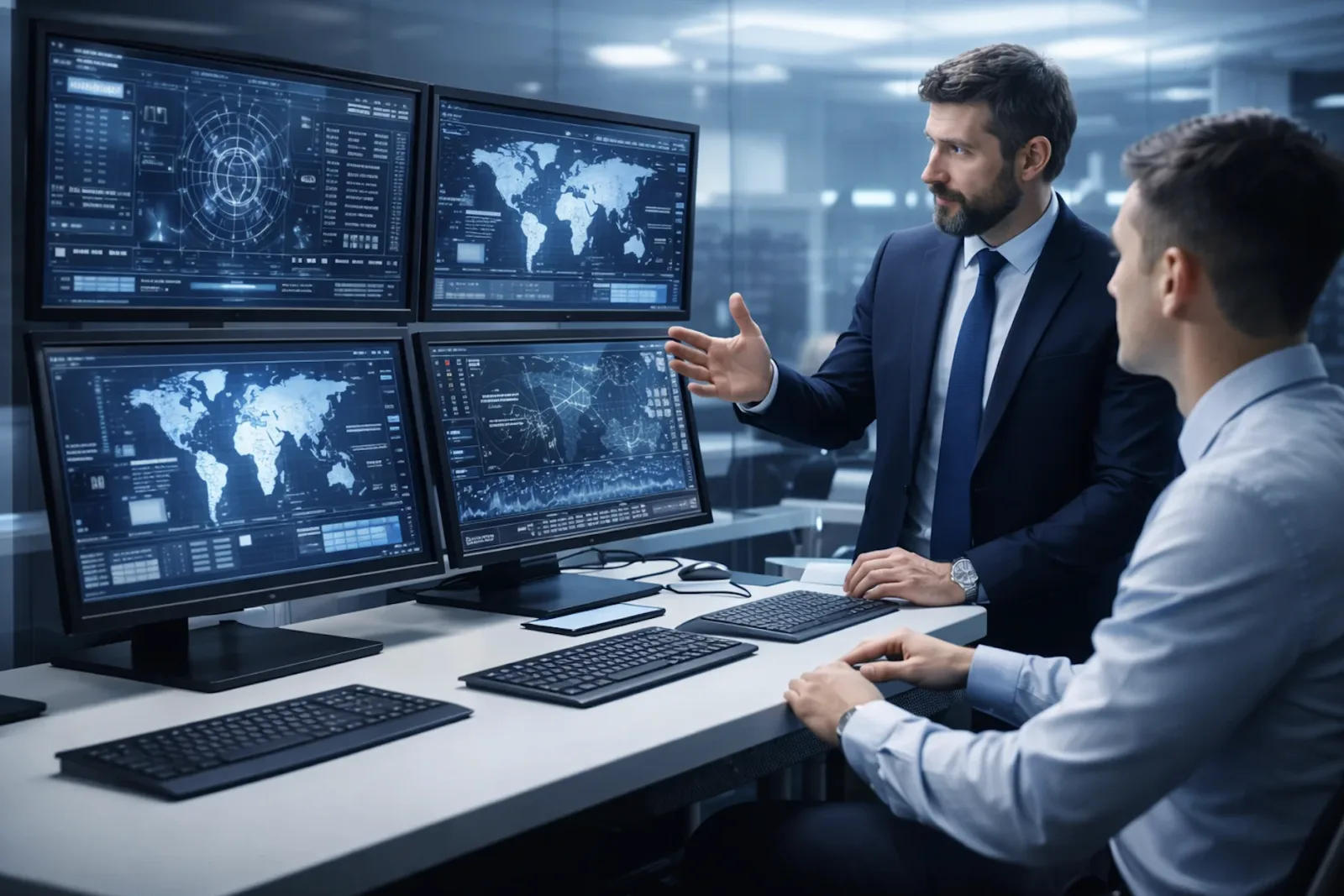 Cybersecurity leaders reviewing security operations dashboards and discussing risk strategy in a control room