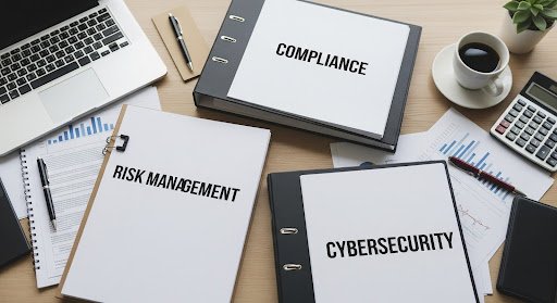 A photo of compliance, risk management, and cybersecurity documents arranged on a desk with reports and charts.