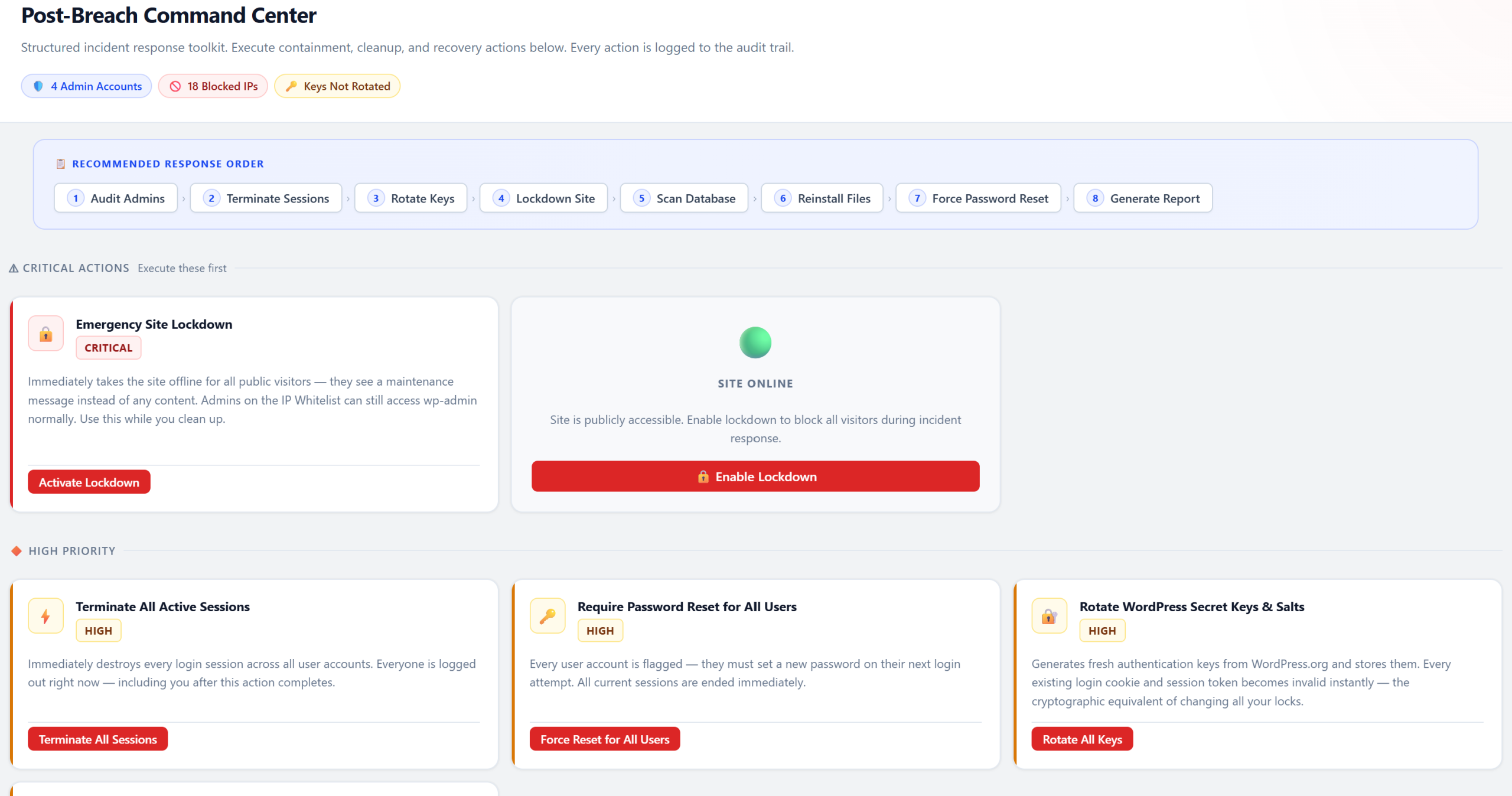this image shows a wordpress post breach command center