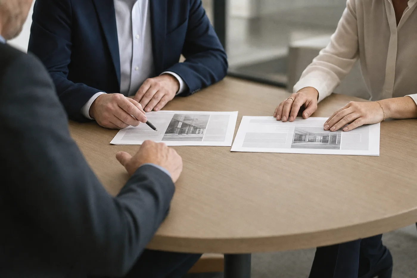 Three people at a table comparing two printed proposals