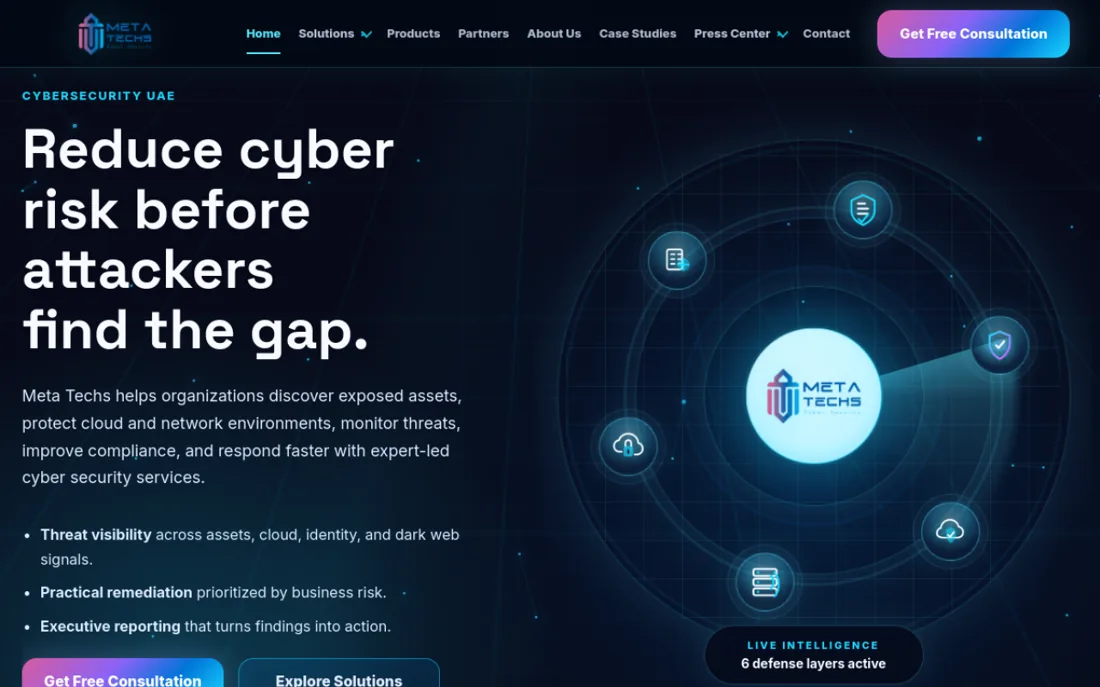 Meta-Techs homepage, a cybersecurity provider serving Dubai