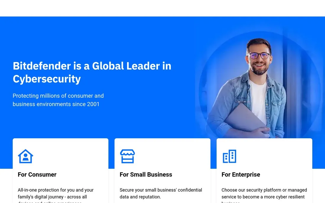 Bitdefender homepage - featured in Atlant Security's ranking of the top cybersecurity companies in Europe