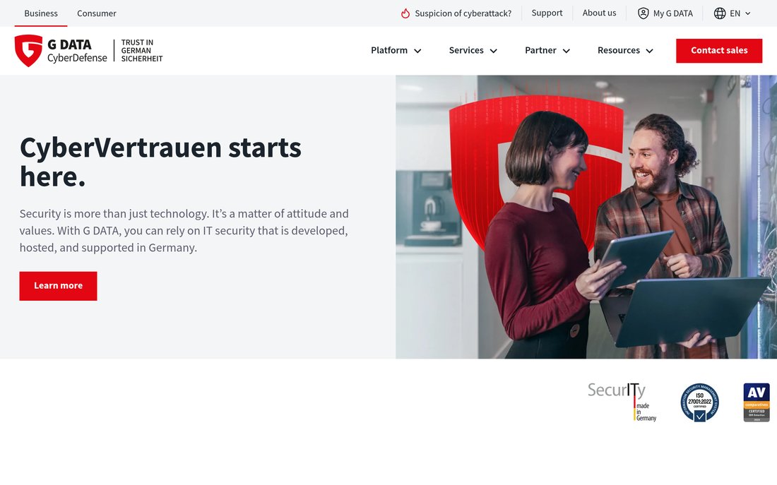 G DATA CyberDefense homepage - featured in Atlant Security's ranking of the top cybersecurity companies in Europe