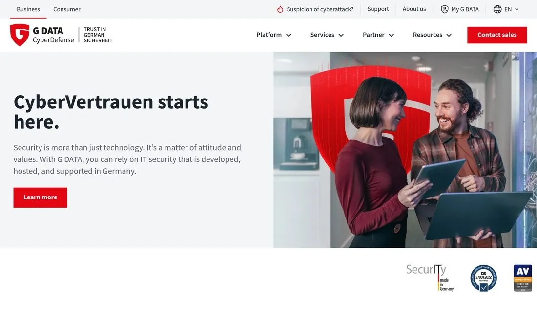 G DATA CyberDefense homepage - featured in Atlant Security's ranking of the top cybersecurity companies in Europe
