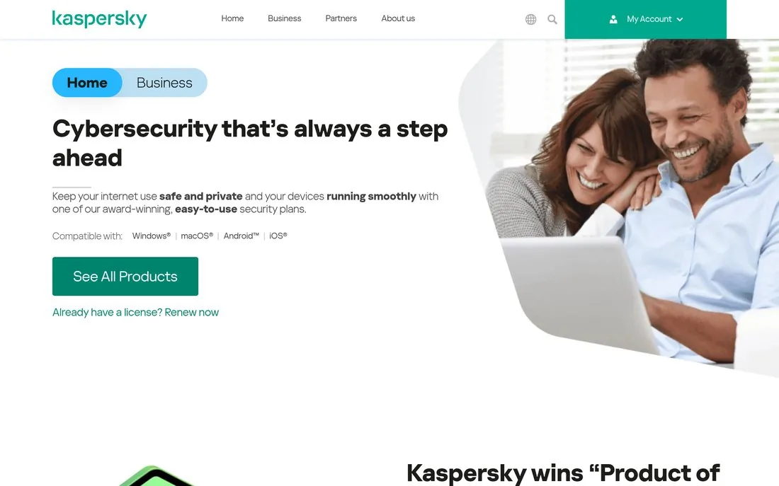 Kaspersky homepage - featured in Atlant Security's ranking of the top cybersecurity companies in Europe