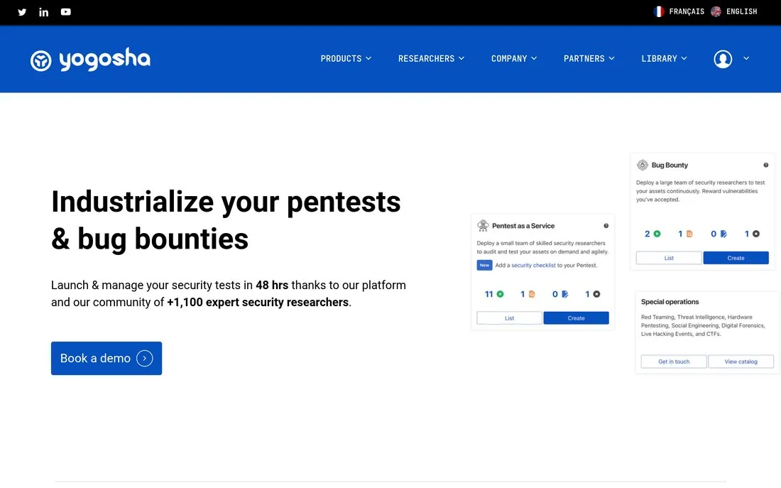 Yogosha homepage - featured in Atlant Security's ranking of the top cybersecurity companies in Europe