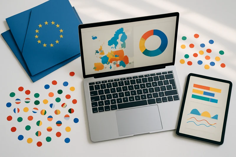 European cybersecurity market analysis workspace with comparison data and EU-themed materials