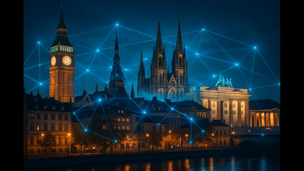 European cybersecurity landscape showing connected digital infrastructure across European cities