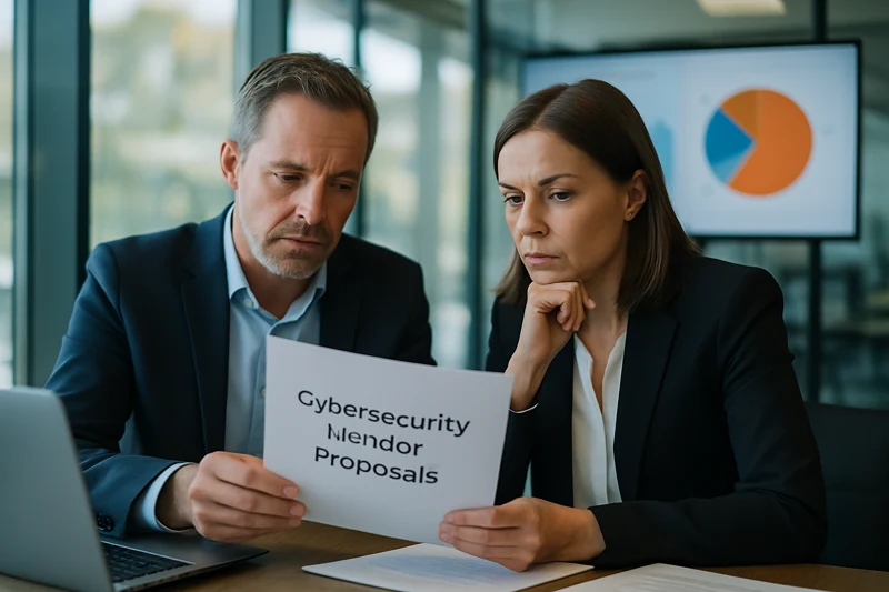 European business professionals reviewing cybersecurity vendor proposals in a modern meeting room