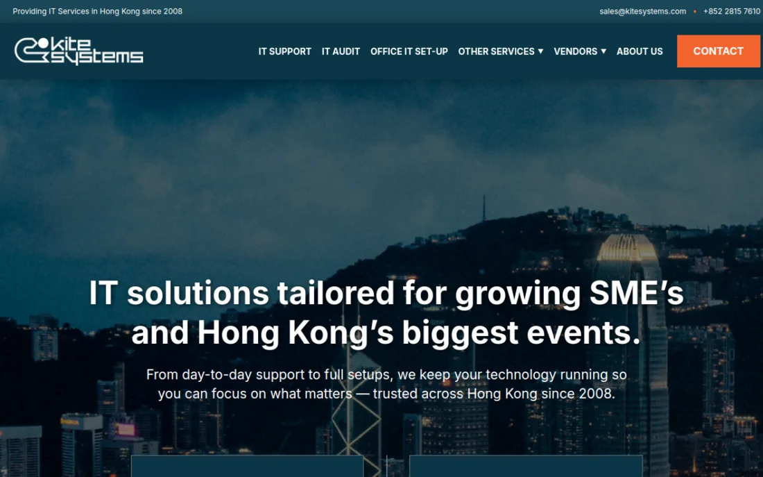 Kite Systems homepage, a cybersecurity provider serving Hong Kong