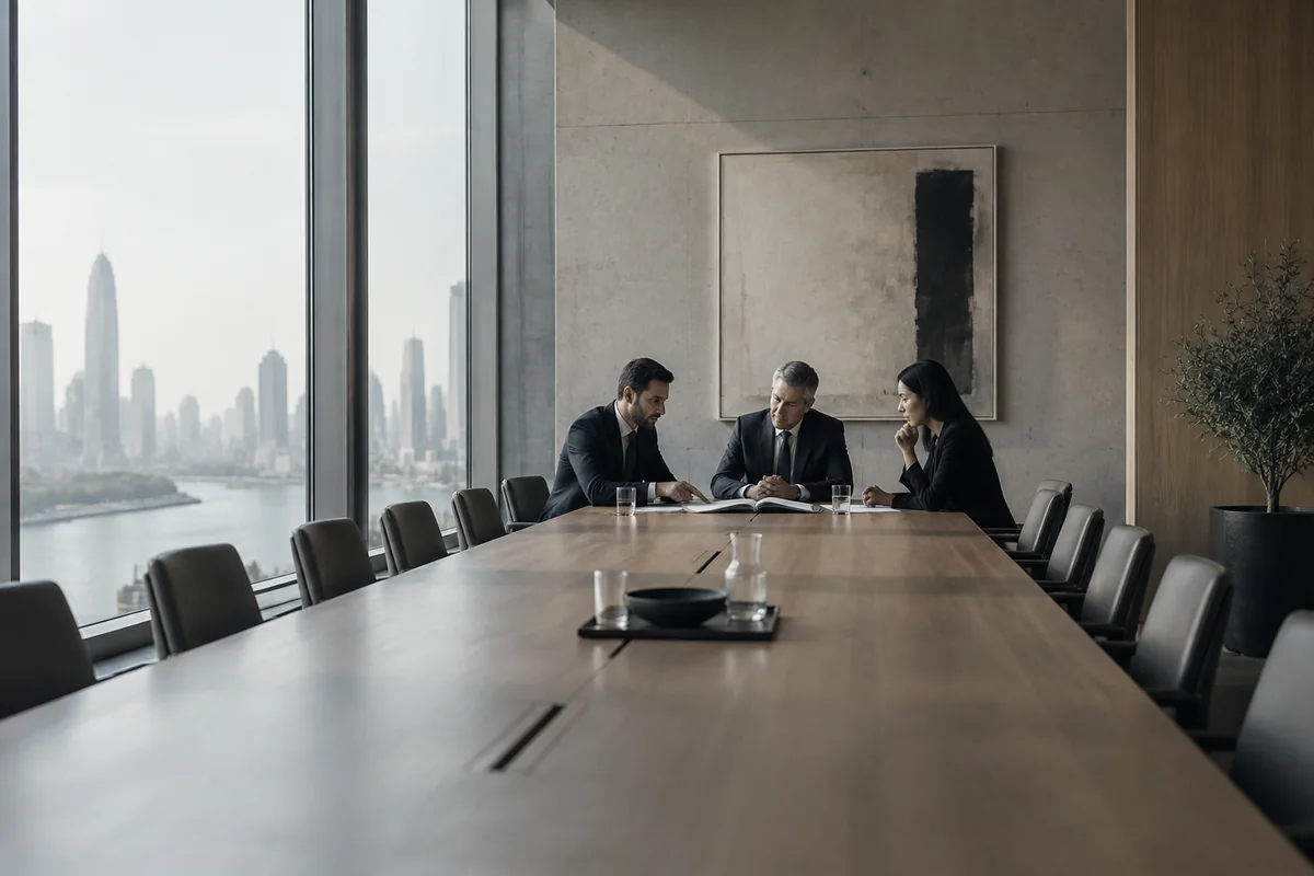 Three people reviewing printed findings at the end of a long boardroom table with a city view