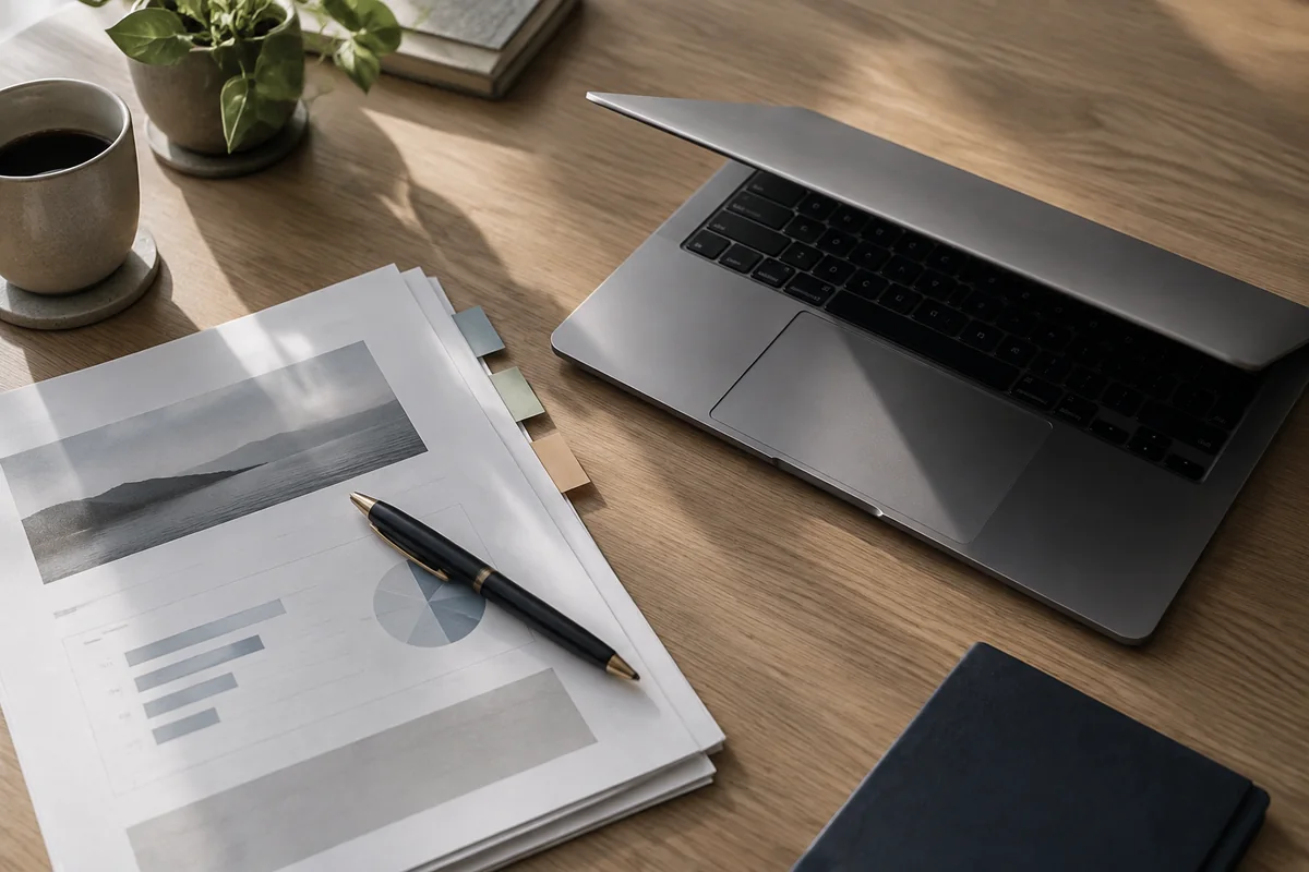 Printed report pages with charts and a pen beside a laptop on an oak desk