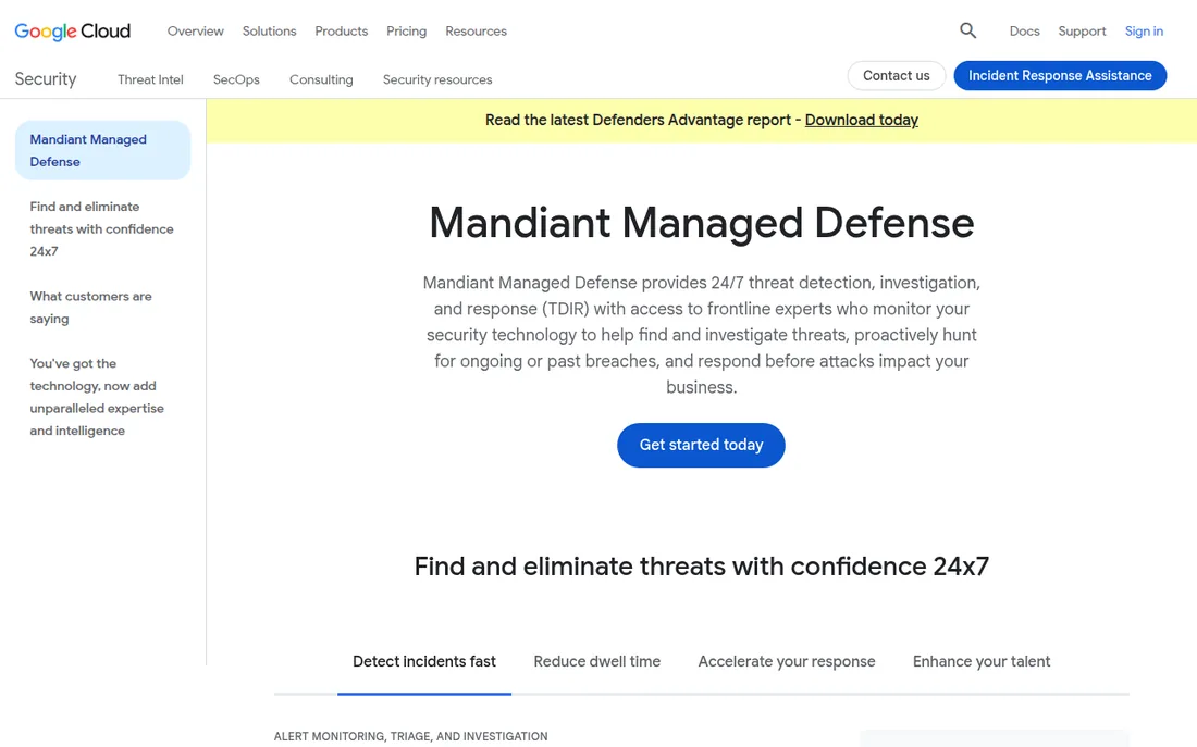 Mandiant Managed Defense page on Google Cloud