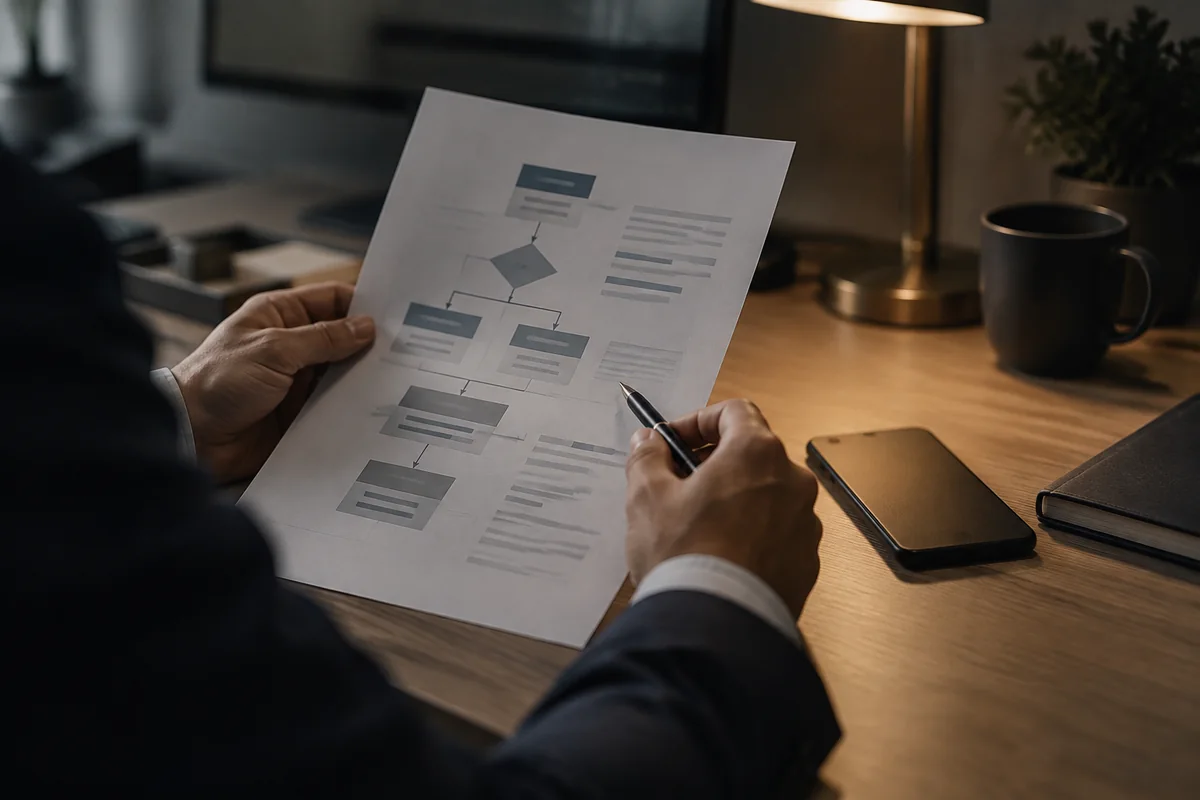 Hands holding a printed escalation runbook with a pen beside a phone on a desk lit by a lamp