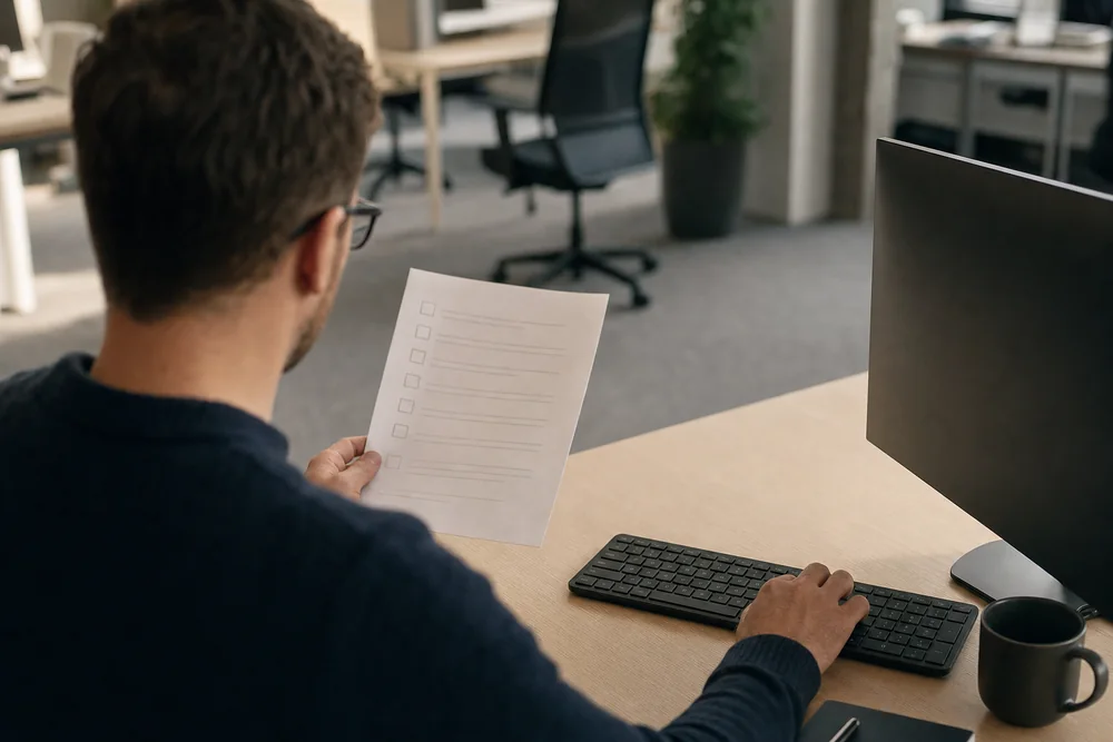 NIST security audit evidence phase: an engineer checking configuration against a printed control checklist