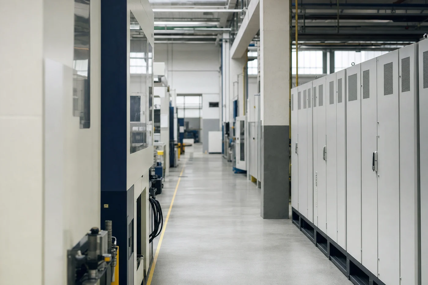 The physical environment an OT assessment covers A factory aisle between control cabinets, the physical environment an OT security assessment covers