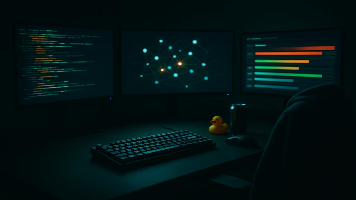 Penetration tester battle station with three monitors showing abstract security scan results in a dark room at night