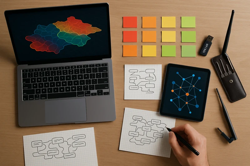 Overhead view of a penetration testing planning session with abstract maps, sticky notes, and security tools on a desk