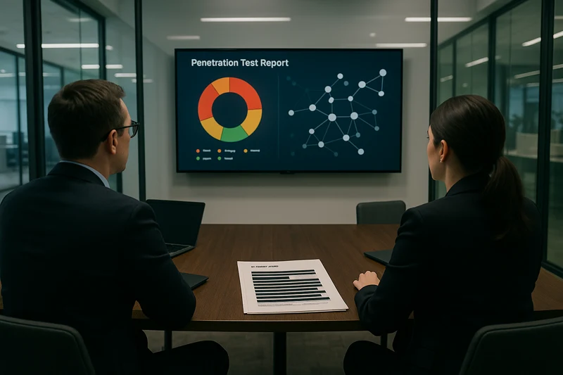 Professional meeting room where penetration test findings are being presented on a large display showing abstract security dashboards