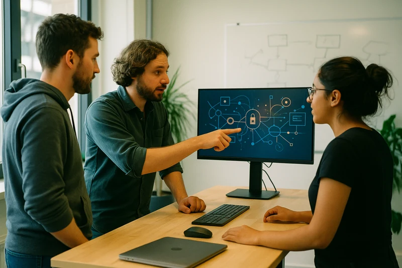 Cybersecurity team collaborating around a standing desk with abstract security diagrams on a monitor and whiteboard