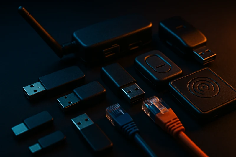 Penetration testing hardware tools including WiFi adapters, USB devices, RFID equipment, and ethernet cables on a dark surface