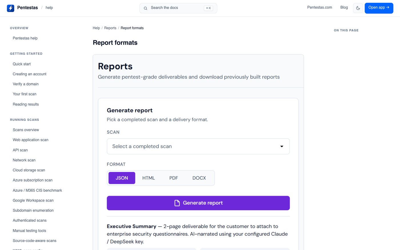 Pentestas report formats documentation