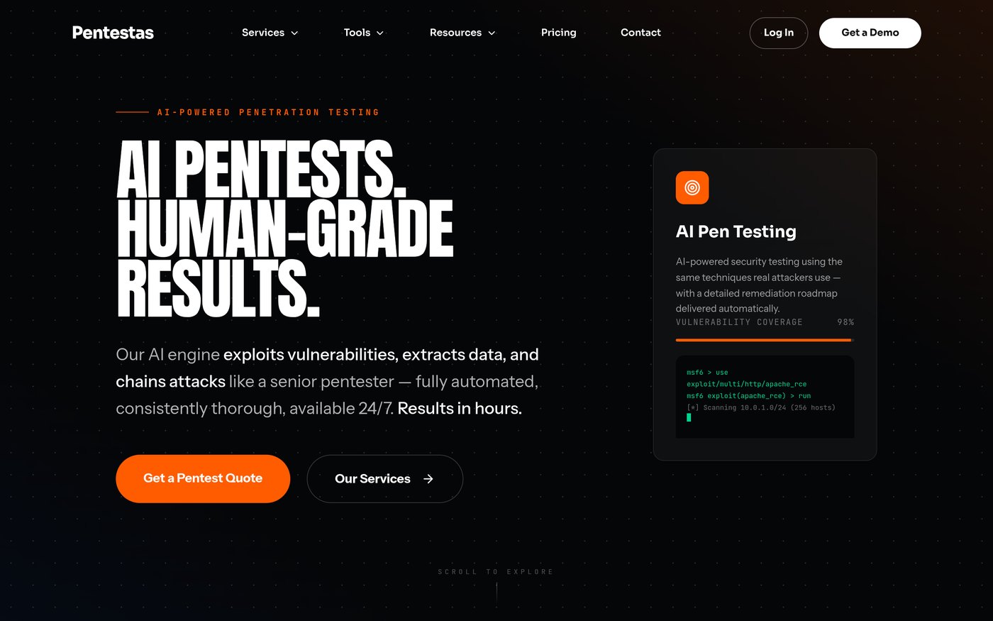 Pentestas homepage - AI-powered penetration testing platform