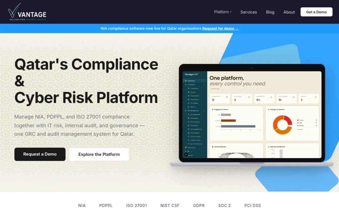 Vantage GRC homepage, a cybersecurity provider serving Qatar
