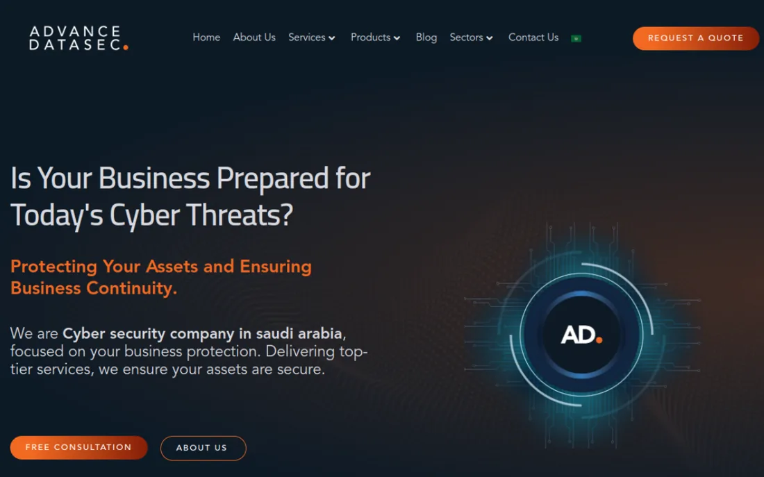 Advance Datasec homepage, a cybersecurity provider serving Riyadh