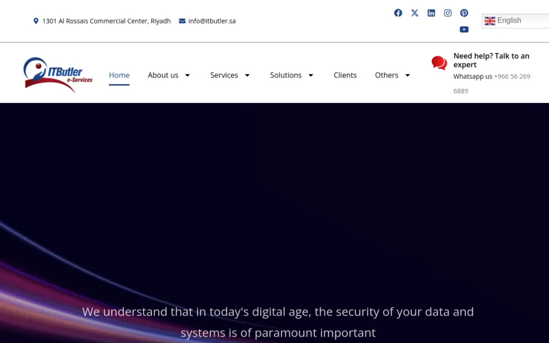 ITButler e Services homepage, a cybersecurity provider serving Riyadh