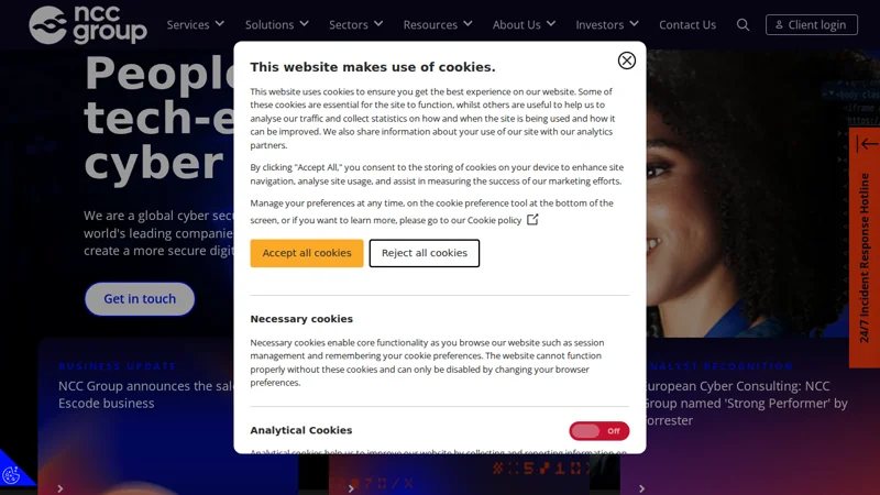 NCC Group homepage — global cybersecurity consultancy headquartered in Manchester, UK