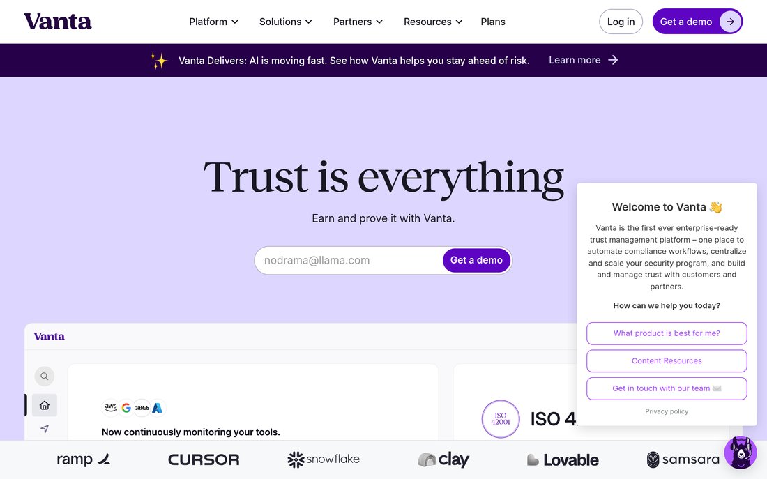 Vanta - The Default Compliance Automation Platform homepage