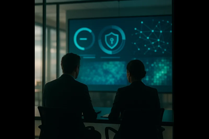 Two compliance professionals reviewing SOC 2 security visualizations in a modern glass-walled meeting room