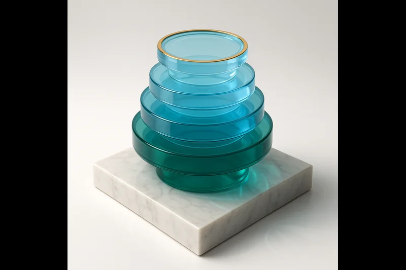 Abstract compliance achievement sculpture with stacked translucent glass discs in blue to emerald gradient representing security control layers